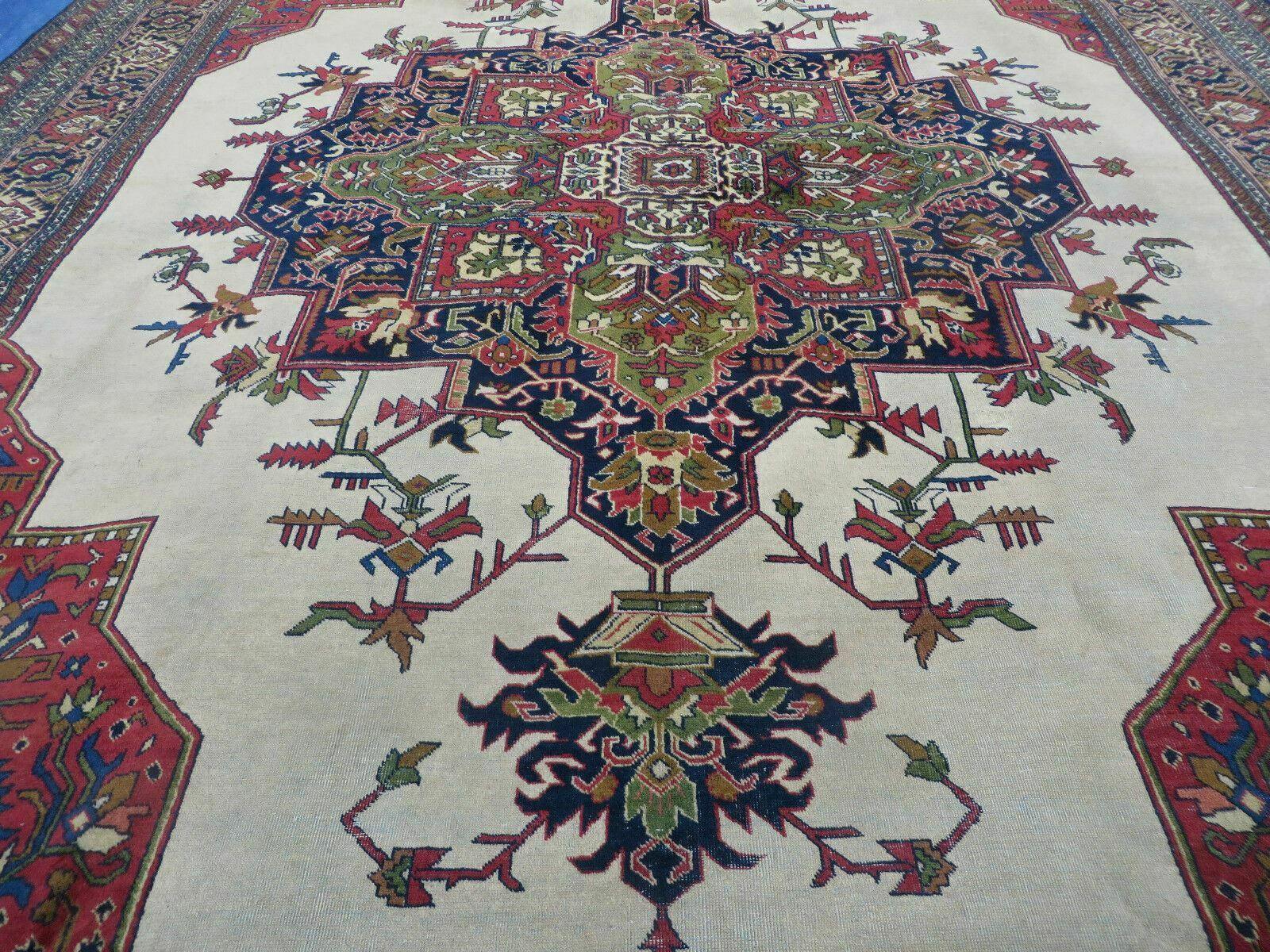 Persian Tabriz Rug 10x13 Oriental Carpet, Ivory Open Field, Geometric Medallion, Red Blue, Hand Knotted, Large Wool Area Rug Vintage Antique 1950s - Nuvé