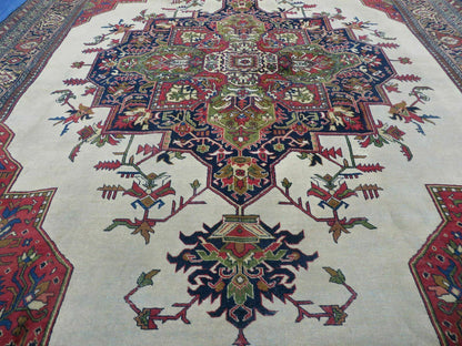 Persian Tabriz Rug 10x13 Oriental Carpet, Ivory Open Field, Geometric Medallion, Red Blue, Hand Knotted, Large Wool Area Rug Vintage Antique 1950s - Nuvé