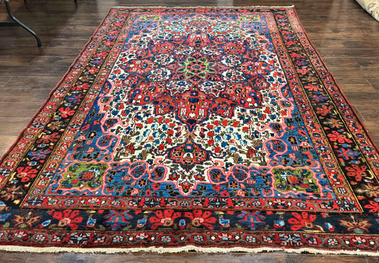 Persian Bakhtiari Rug 7x10, Antique Persian Carpet, Colorful, Great Colors, Ivory Red Blue, Rare Tribal Rug - Nuvé