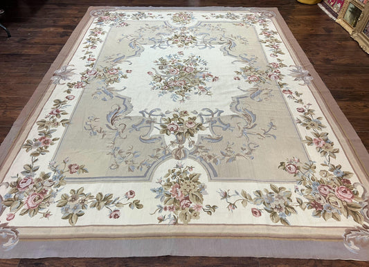 Aubusson Needlepoint Rug 9x12, VIntage Handmade Wool Beige Floral European Elegant Rug 9 x 12, Floral Roses - Nuvé