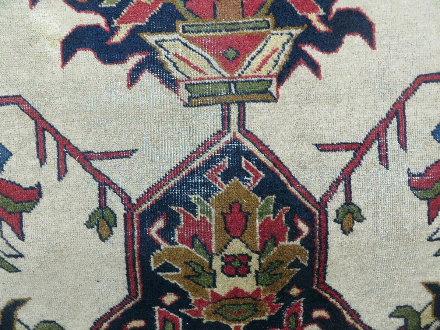 Persian Tabriz Rug 10x13 Oriental Carpet, Ivory Open Field, Geometric Medallion, Red Blue, Hand Knotted, Large Wool Area Rug Vintage Antique 1950s - Nuvé