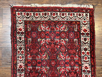Persian Tribal Runner 3 x 9, Hamadan Dargazin Rug, Dark Blue and Red Wool Hand Knotted Hallway Rug, Vintage Antique Oriental Runner, 9ft Long Runner, Herati - Nuvé