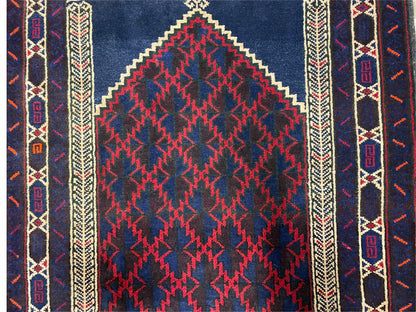 3x5 Vintage Handmade Tribal Wool Rug Balouchi Prayer Rug Afghan Rug Red Blue Wow - Nuvé