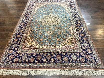 Light Blue Persian Isfahan Rug 5x8, Floral Medallion, Wool on Silk Foundation, Very Fine 530 KPSI, Handmade Carpet - Nuvé
