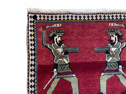 3 X 6 Handmade Wool Rug Tribal Balouch Warriors Deer Animal Pictorial Red Swords