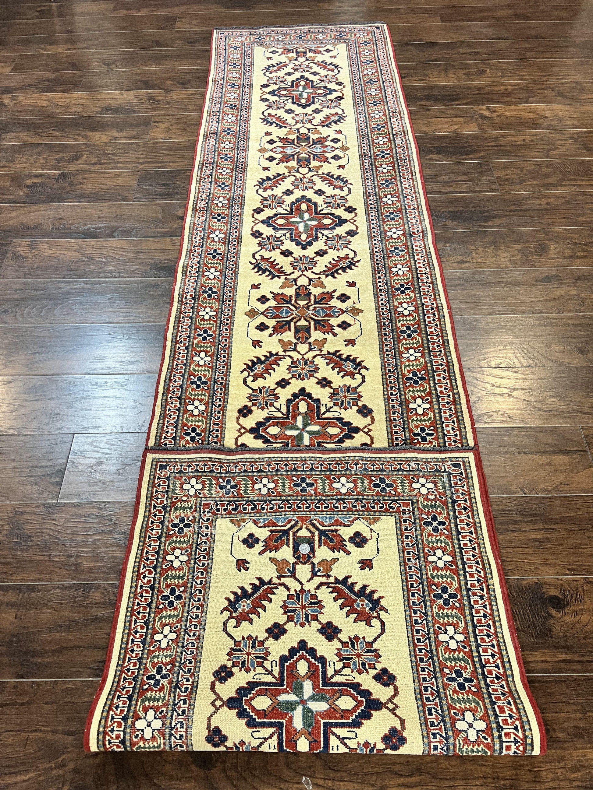 Afghan Heriz Runner Rug 2.9 x 12, Vintage Hand Knotted Persian Carpet for Hallway, 12ft Runner, Wool, Cream - Nuvé