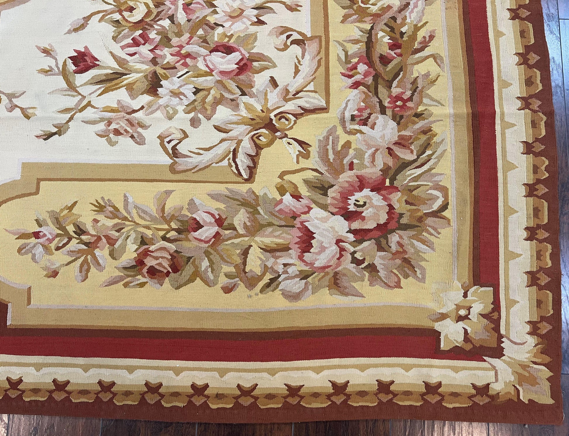 Aubusson Rug 9x12, Elegant Flatweave Savonnerie Carpet 9 x 12 ft, Ivory Light Yellow Red, Handmade Wool Flatweave French European Rug - Nuvé