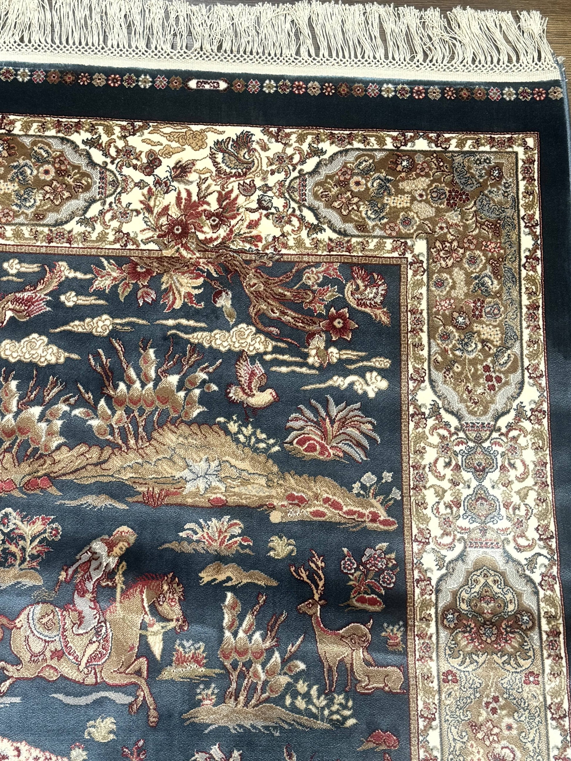 Turkish Silk Hunting Scene Rug 2.6 x 5, Dark Steel Blue & Ivory, Bamboo Silk, New - Nuvé