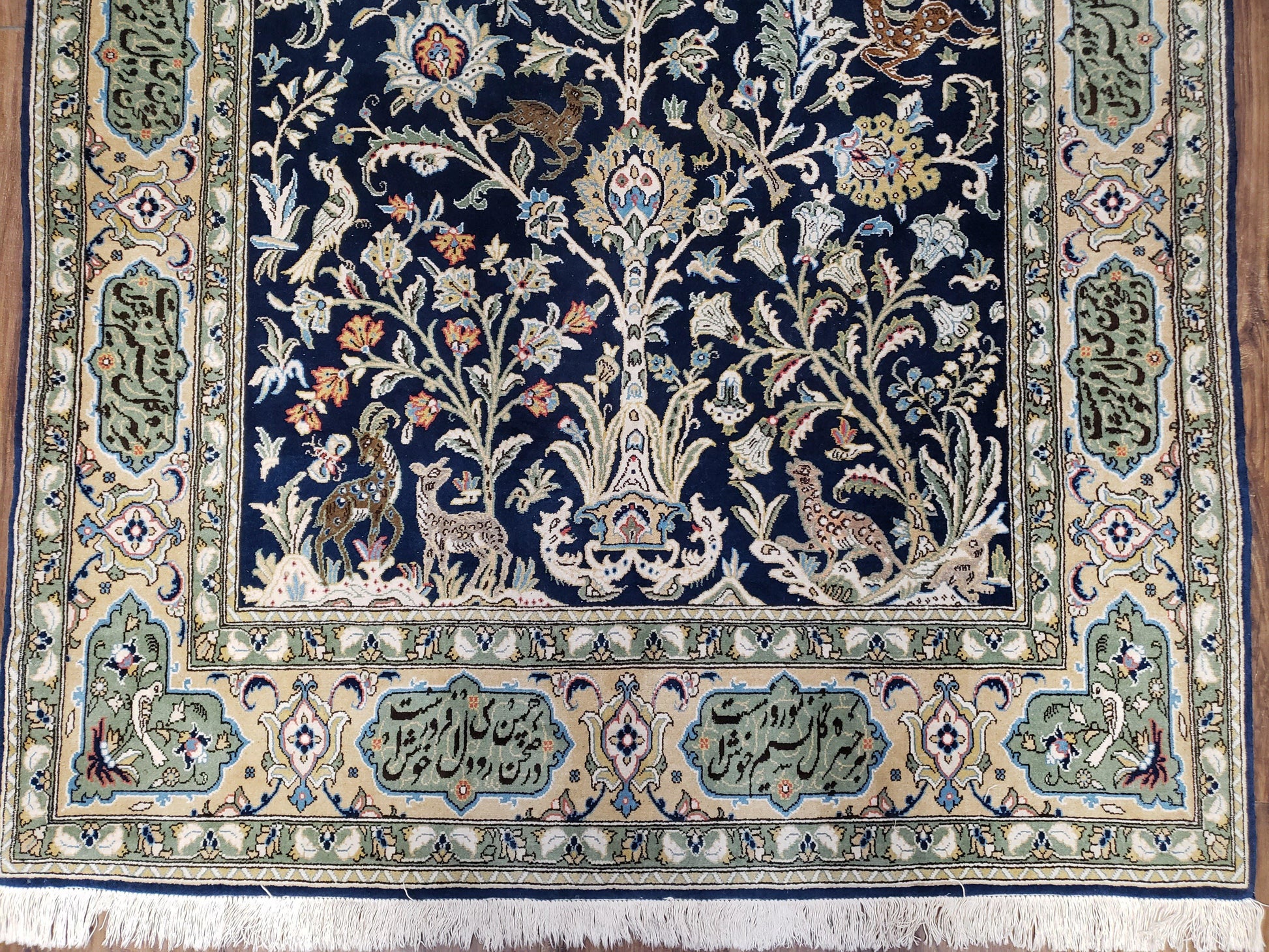 Semi Antique Persian Qum Tree of Life Rug, Hand-Knotted, Wool, Midnight Blue and Tan, Animal Pictorials, Written Poem in Borders, 4' 8" x 7' 8" - Nuvé
