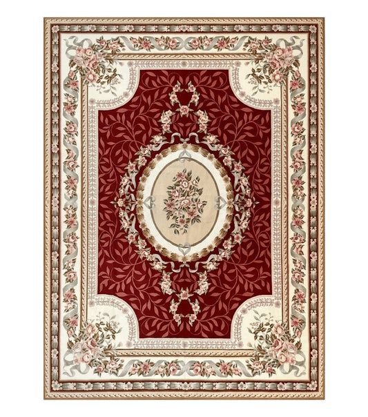 Wonderful Aubusson Rug 9x12, Handmade Vintage Needlepoint Carpet, Red and Ivory, Elegant European Design, Wool
