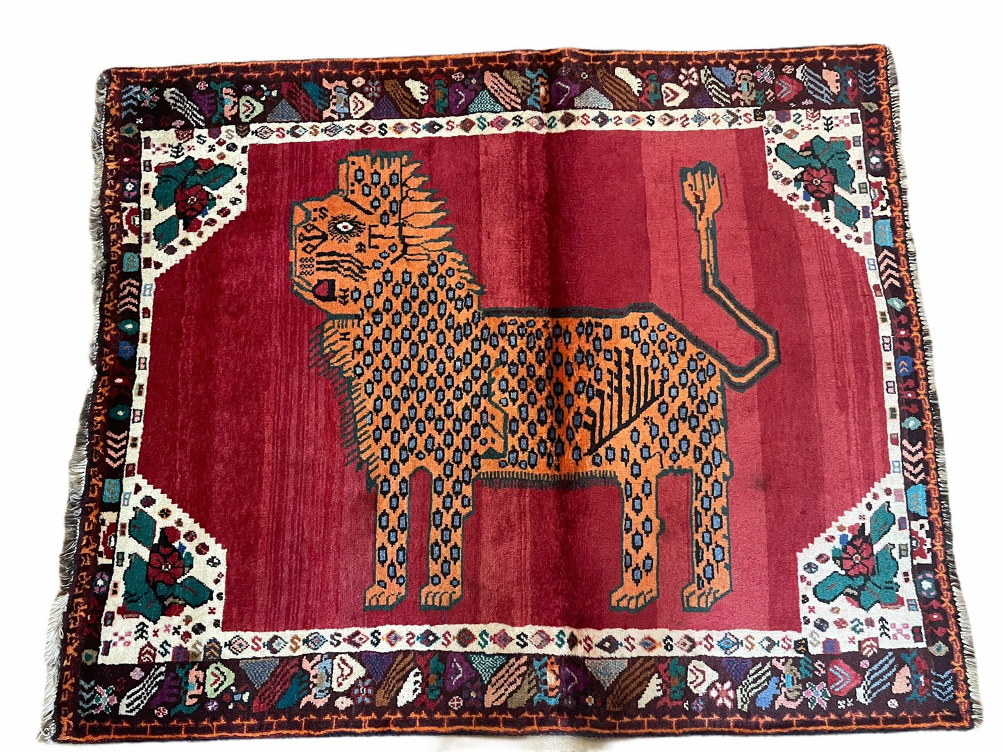 Antique Persian Gabbeh Wool Rug 4x5, Lion Pictorial Rug, Red Orange Black, Hand Knotted Handmade Vintage Gabbeh Carpet 4 x 5 ft, Tribal Rug - Nuvé