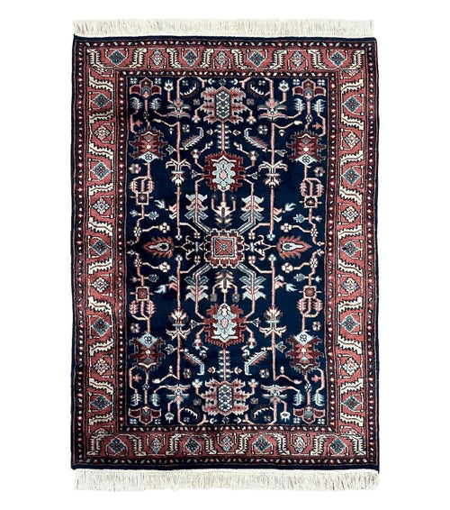 4x6 Vintage Handmade Wool Geometric Rug Organic Dyes Blue Red Hand-Knotted Rug