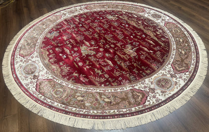 Large Round Turkish Silk Rug 8x8, Hunting Design, Dark Red & Ivory, Bamboo Silk - Nuvé