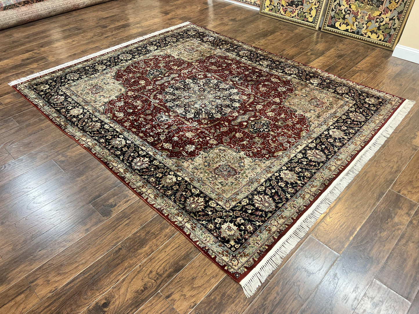 Pak Persian Rug 8x10, Wool Hand Knotted Vintage Carpet, Dark Red & Navy Blue, Dome Design Floral Medallion Rug, 8 x 10 Oriental Rug - Nuvé