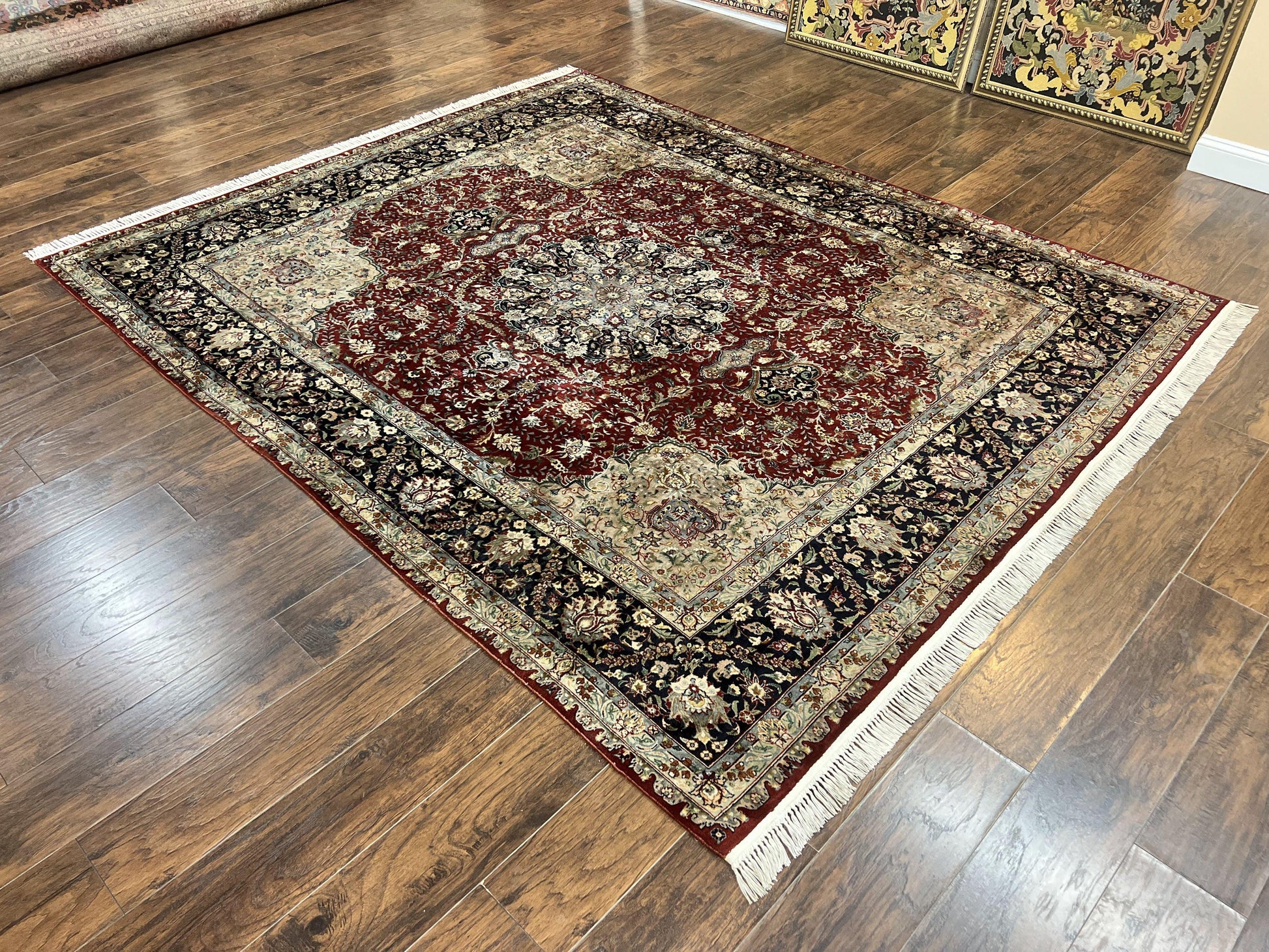 Pak Persian Rug 8x10, Wool Hand Knotted Vintage Carpet, Dark Red & Navy Blue, Dome Design Floral Medallion Rug, 8 x 10 Oriental Rug - Nuvé