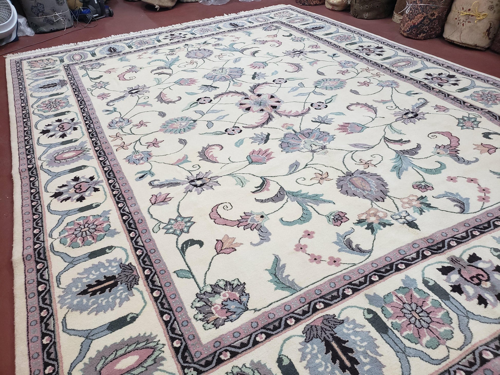 Ivory & Teal Indo Persian Area Rug 9x12, Wool Hand-Knotted Oriental Carpet, 9 x 12 Soft Traditional Living Room Rug, Dining Room Rug - Nuvé
