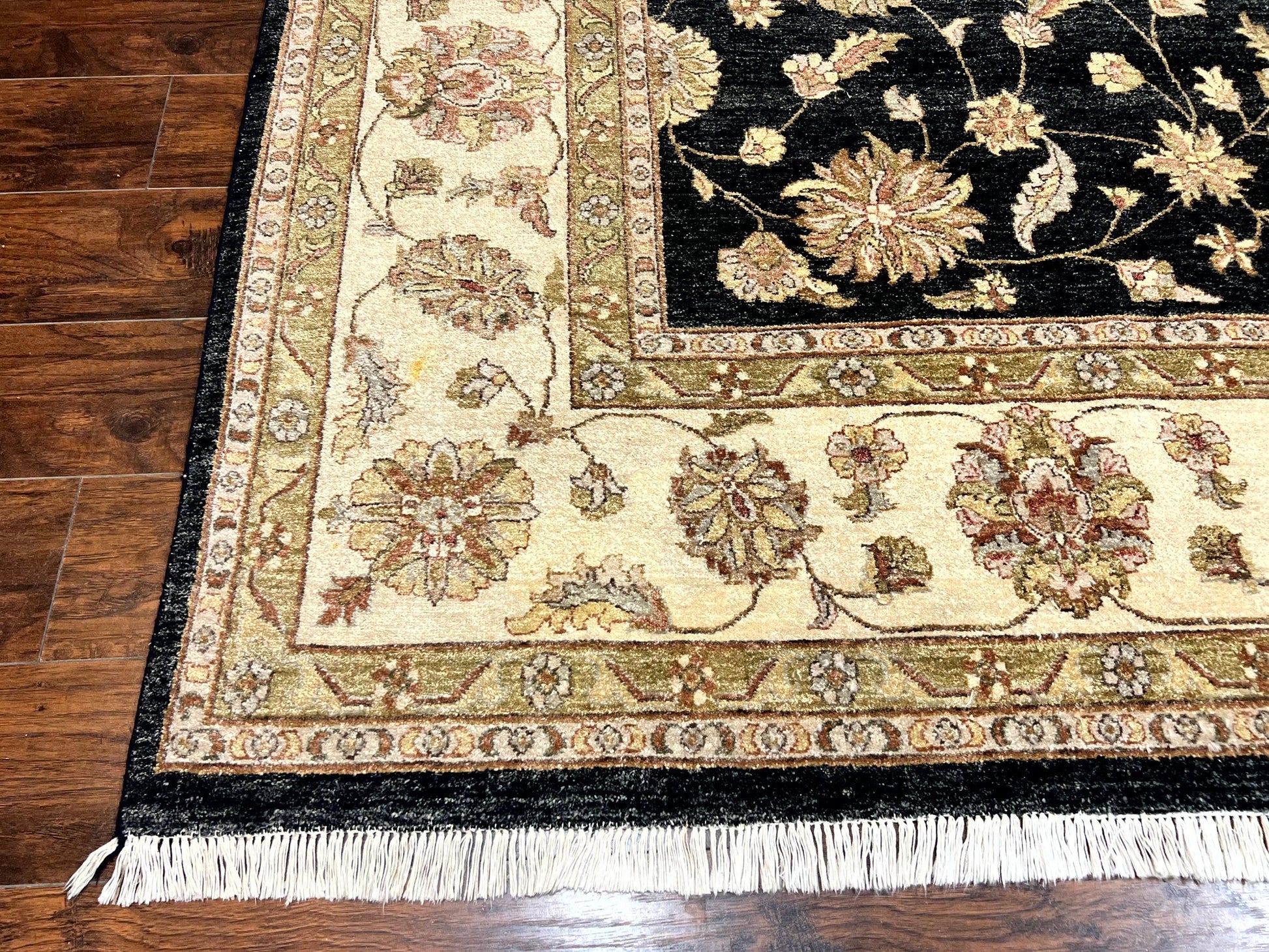 Indo Persian Rug 10x14, Charcoal and Beige, Floral Allover, Handmade Vintage Wool Carpet - Nuvé