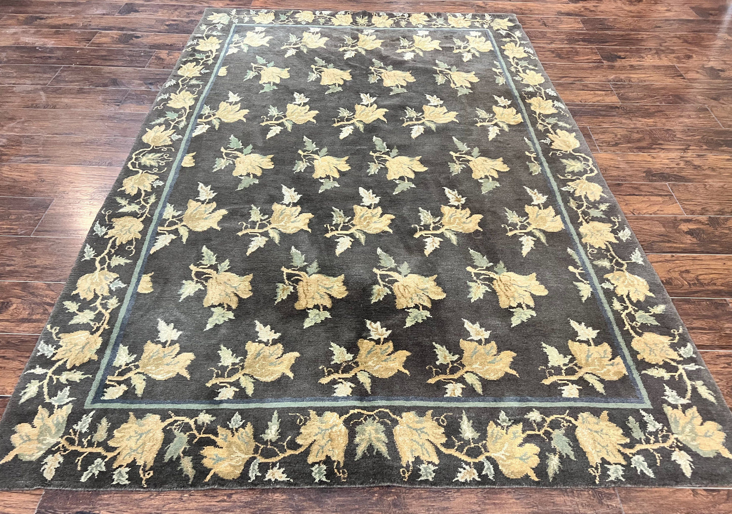 Tibetan Nepal Rug 6x9, Wool Hand Knotted Vintage Carpet 6 x 9, Dark Green & Golden Yellow, Floral Bouquets - Nuvé