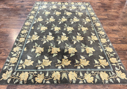 Tibetan Nepal Rug 6x9, Wool Hand Knotted Vintage Carpet 6 x 9, Dark Green & Golden Yellow, Floral Bouquets - Nuvé
