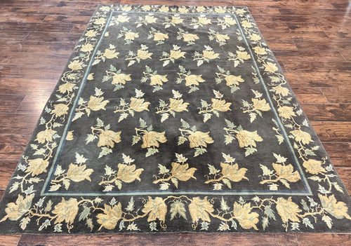 Tibetan Nepal Rug 6x9, Wool Hand Knotted Vintage Carpet 6 x 9, Dark Green & Golden Yellow, Floral Bouquets - Nuvé