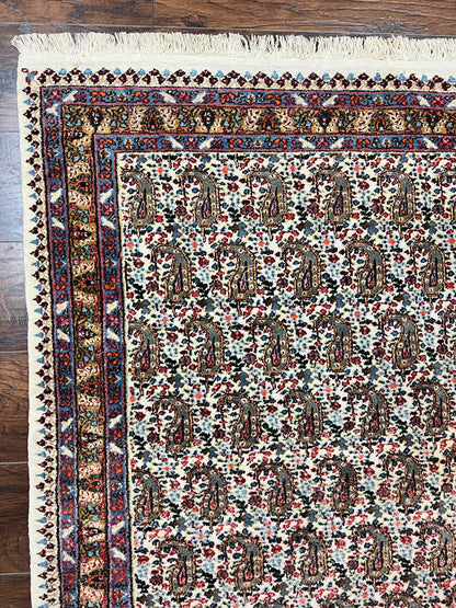 Persian Rug 4x6, Mashad Kashmar Rug, Boteh Paisley Design, Allover Repeated Pattern, Ivory Hand Knotted Vintage Semi Antique Persian Oriental Carpet - Nuvé