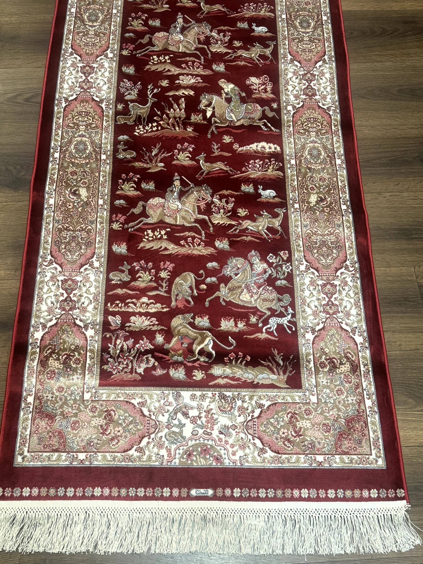 Turkish Silk Rug 2.6 x 6.7, Hunting Design, Short Runner Rug, Red & Ivory, Bamboo Silk, New - Nuvé