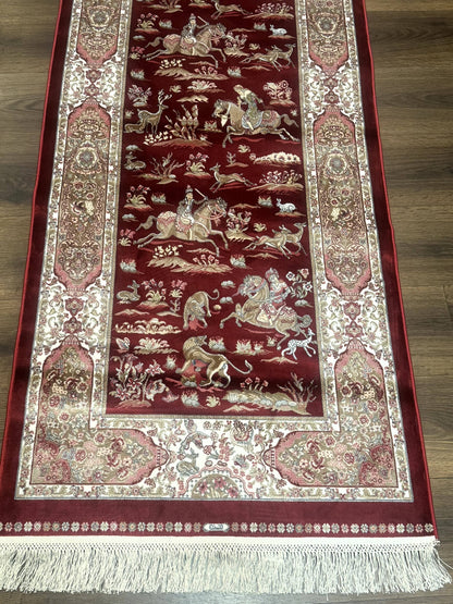 Turkish Silk Rug 2.6 x 6.7, Hunting Design, Short Runner Rug, Red & Ivory, Bamboo Silk, New - Nuvé