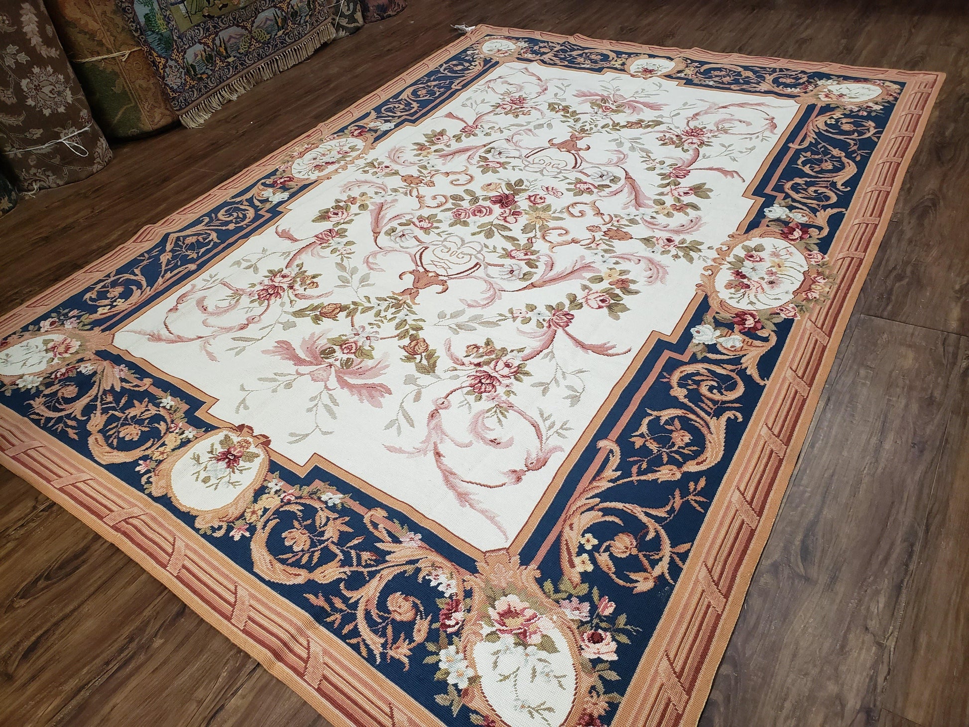 Chinese Aubusson Savonnerie Area Rug 6x8, Vintage Hand-Woven Needlepoint Rug, Flat Weave Handmade Wool Carpet Living Room Ivory & Navy Blue - Nuvé