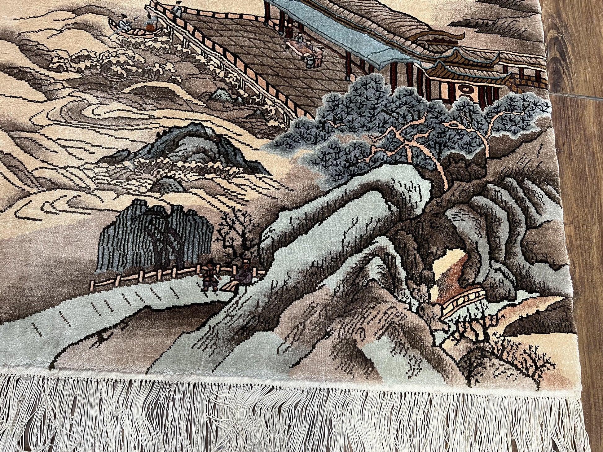 Silk Chinese Wall Hanging Rug 3x6 ft Tapestry, Pagoda Scene, Pictorial, High Quality Fine Hand Knotted Vintage, Asian Oriental Handmade Nice - Nuvé