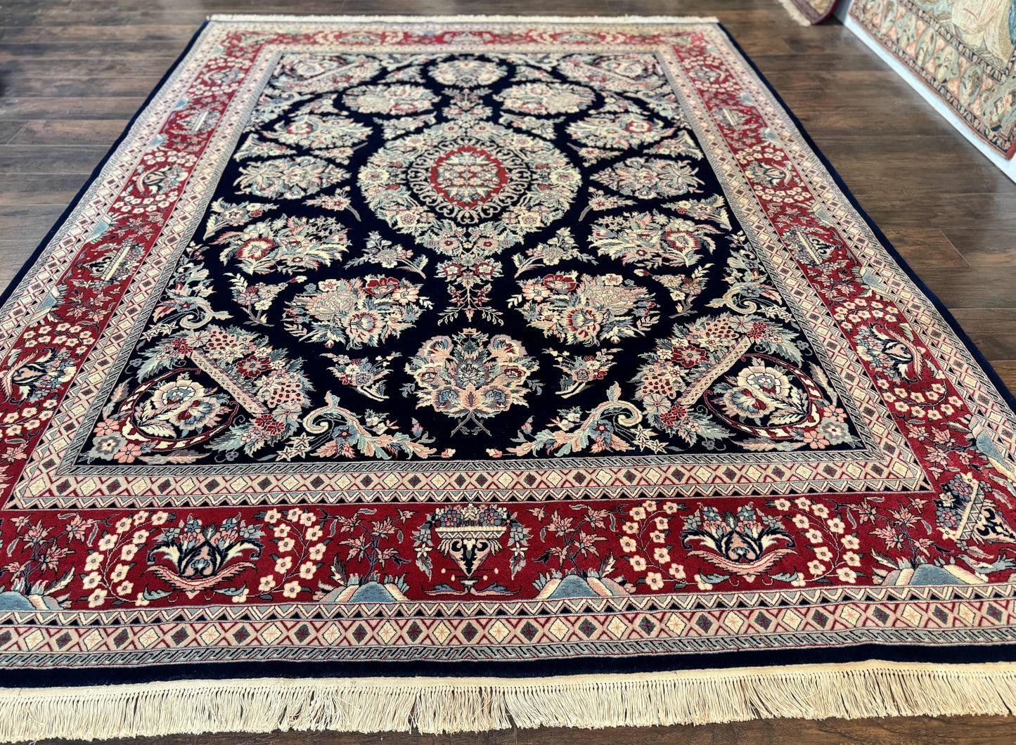 Sino Persian Rug 8x10, Floral Kirman Carpet, Navy Blue and Red, Floral Vases, Handmade Vintage Wool Carpet, 320 KPSI - Nuvé