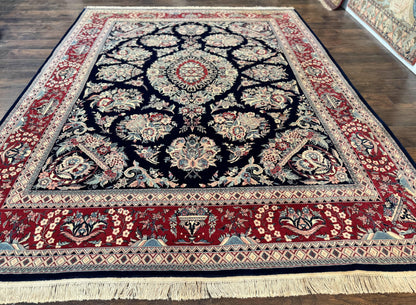 Sino Persian Rug 8x10, Floral Kirman Carpet, Navy Blue and Red, Floral Vases, Handmade Vintage Wool Carpet, 320 KPSI - Nuvé