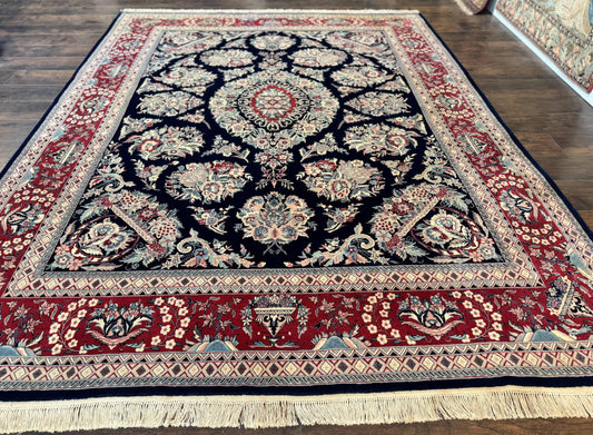 Sino Persian Rug 8x10, Floral Kirman Carpet, Navy Blue and Red, Floral Vases, Handmade Vintage Wool Carpet, 320 KPSI - Nuvé