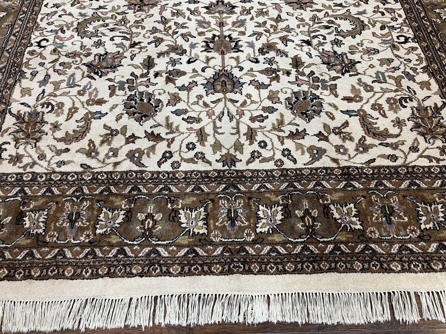 Indo Kirman Rug 8x12 Allover Floral Design, Ivory/Cream Brown, Vintage Handmade Hand Knotted Rug, Traditional Wool Persian Carpet 8 x 12 - Nuvé