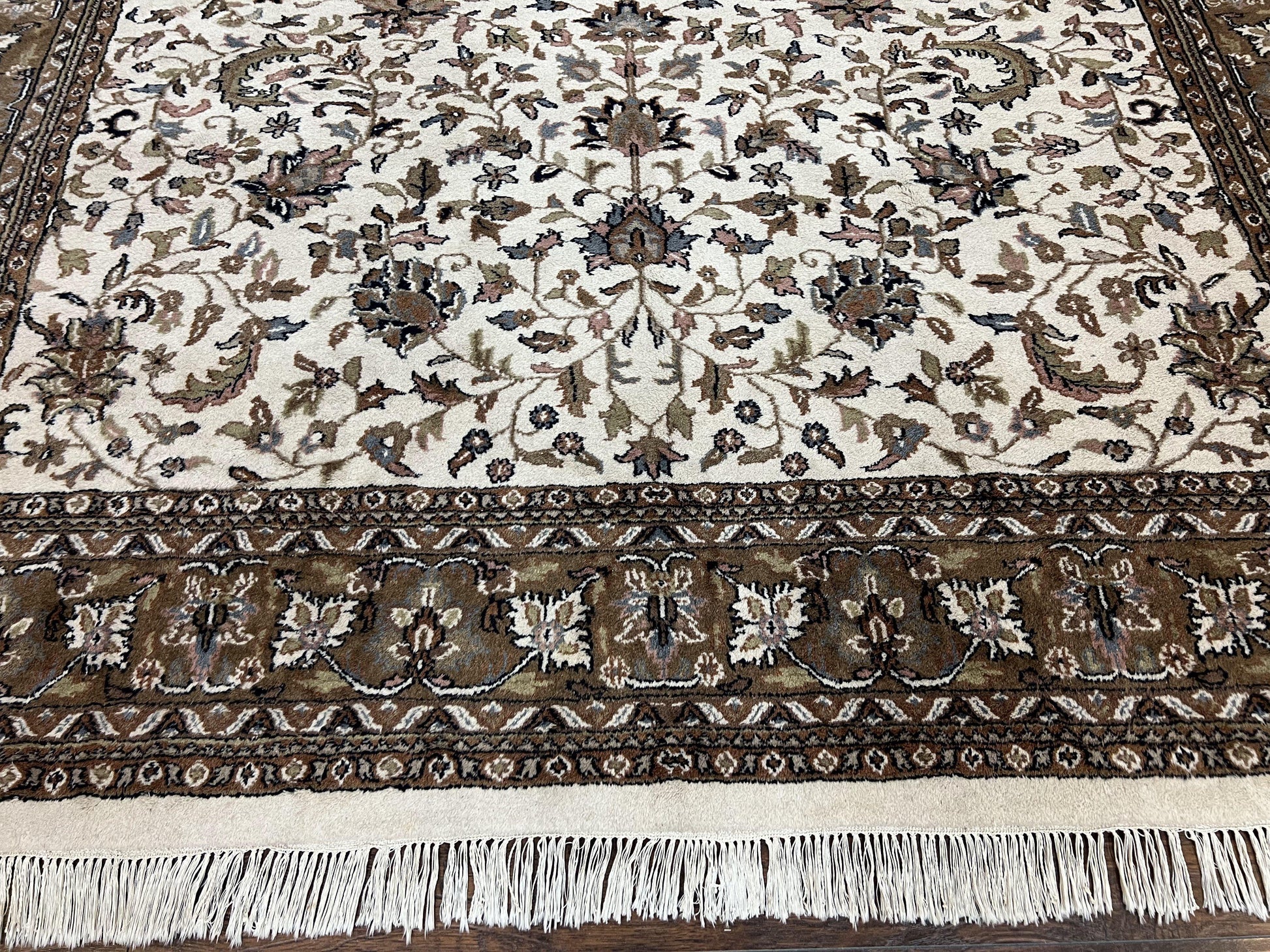 Indo Kirman Rug 8x12 Allover Floral Design, Ivory/Cream Brown, Vintage Handmade Hand Knotted Rug, Traditional Wool Persian Carpet 8 x 12 - Nuvé
