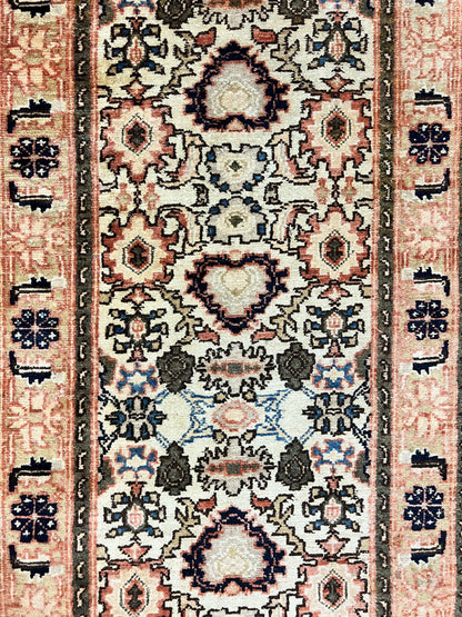 Romanian Runner Rug 2.6 x 12.9, Wool Handmade Hand Knotted Skinny Runner for Hallway, Floral Allover, Vintage Tan Runner - Nuvé
