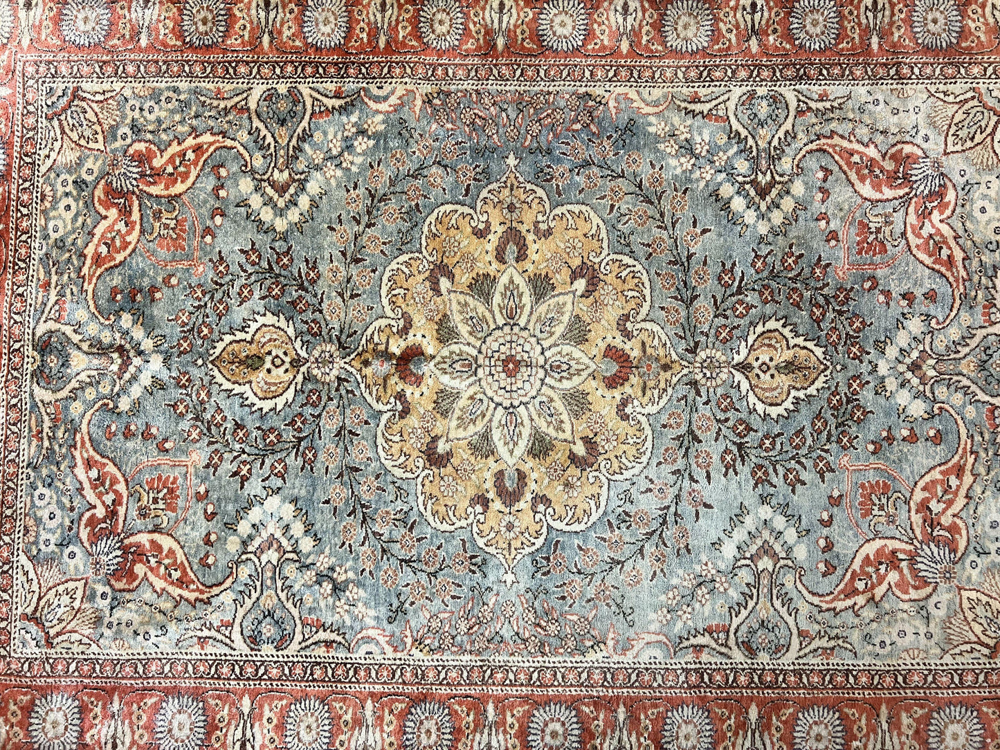 Silk Turkish Rug 5x7, Light Blue Silk Carpet, Floral Medallion, Turkish Kayseri Rug, Vintage Handmade Oriental Rug - Nuvé