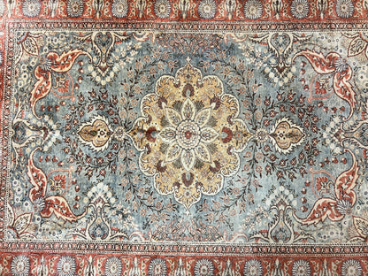 Silk Turkish Rug 5x7, Light Blue Silk Carpet, Floral Medallion, Turkish Kayseri Rug, Vintage Handmade Oriental Rug - Nuvé