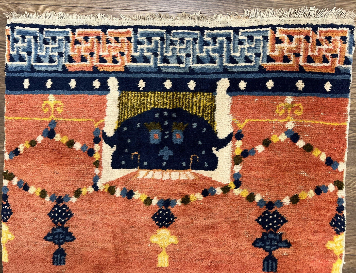 Rare Chinese Ningxia Pillar Rug 3x8, Late Qing Dynasty, 5 Clawed Dragon, Cloud Rainbow Border, Collectible Antique Carpet, Wool Hand Knotted - Nuvé