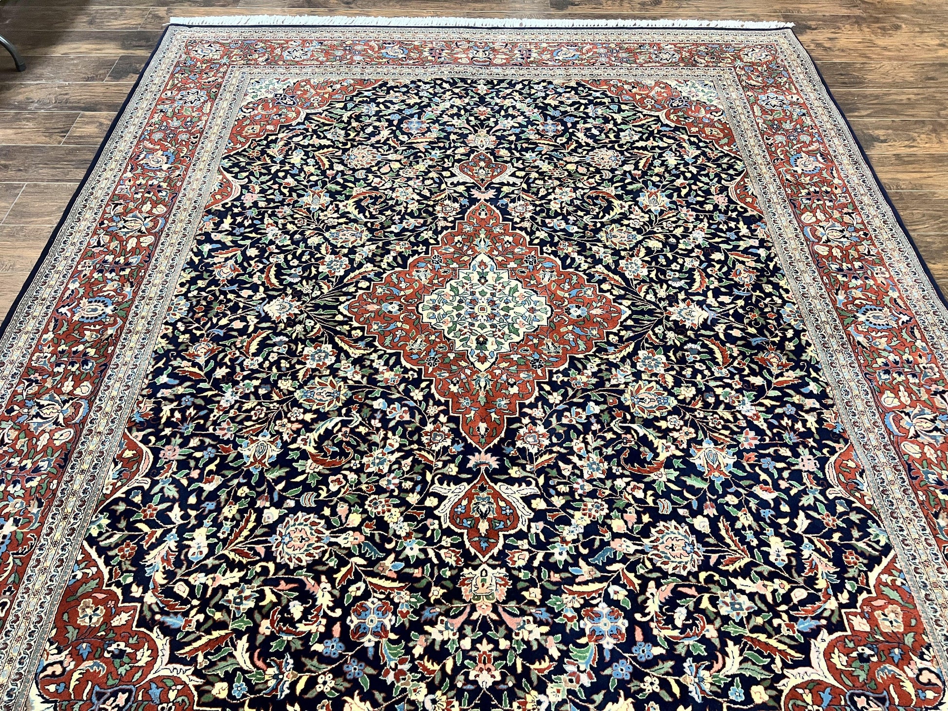 Indo Persian Rug 8x10, Floral Medallion, Vintage Handmade Wool Carpet, Navy Blue and Red, Fine 300 KPSI - Nuvé