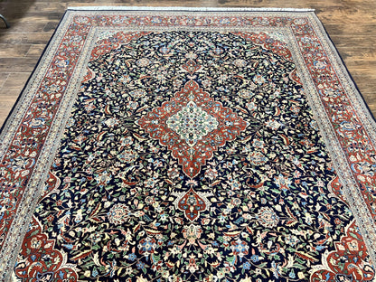 Indo Persian Rug 8x10, Floral Medallion, Vintage Handmade Wool Carpet, Navy Blue and Red, Fine 300 KPSI - Nuvé