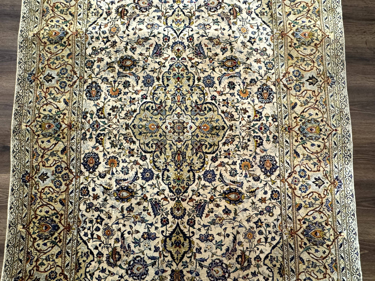 Rare Silk Persian Kashan Rug 4.6 x 7, Antique Fine 310 KPSI, Ivory - Nuvé