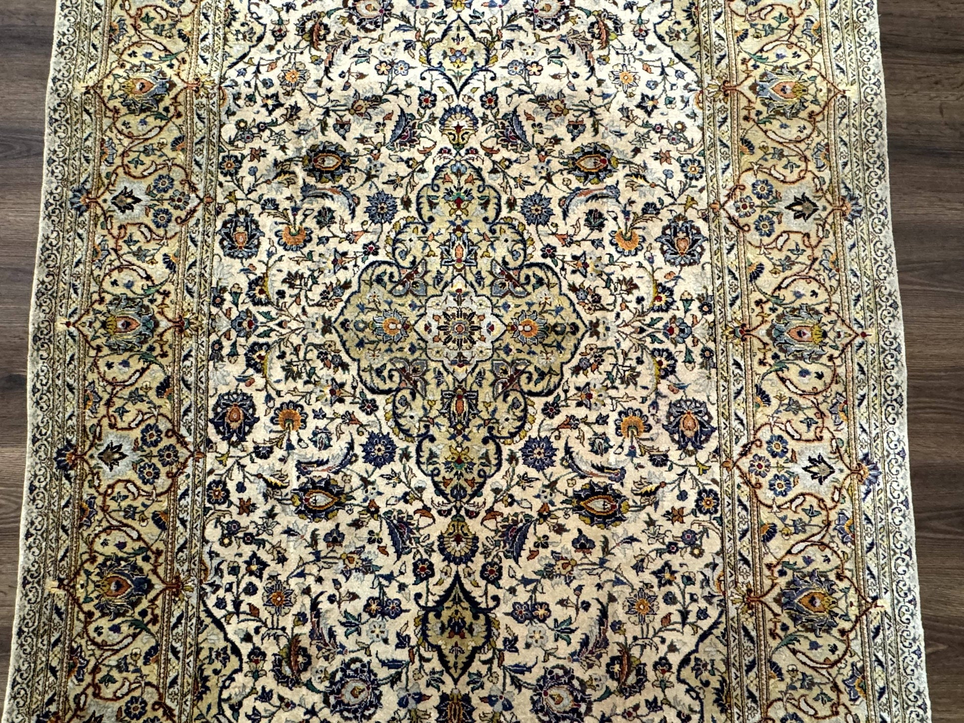 Rare Silk Persian Kashan Rug 4.6 x 7, Antique Fine 310 KPSI, Ivory - Nuvé