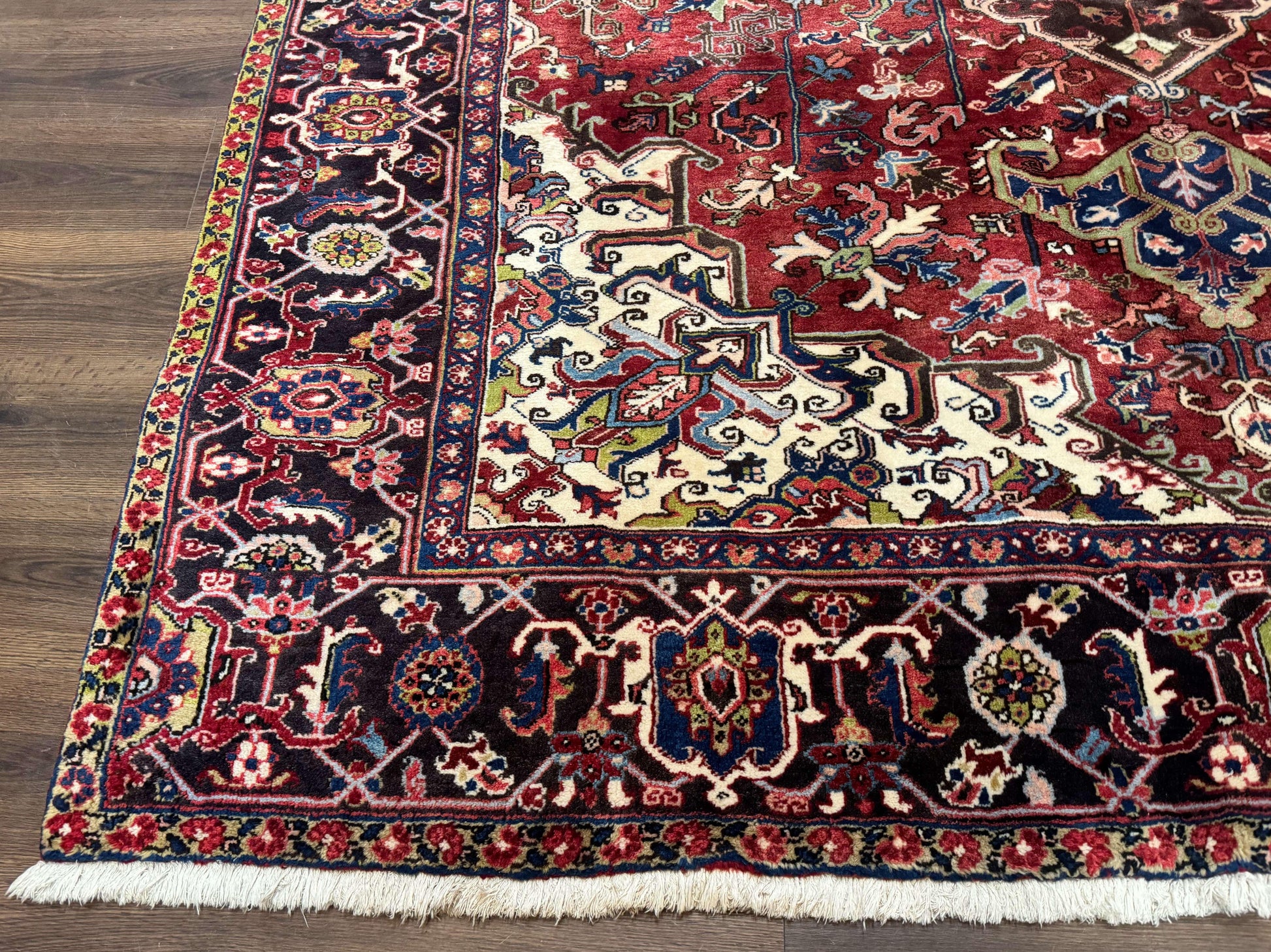 Antique Persian Heriz Rug 8x11, Geometric Tribal Wool Carpet, Brick Red - Nuvé