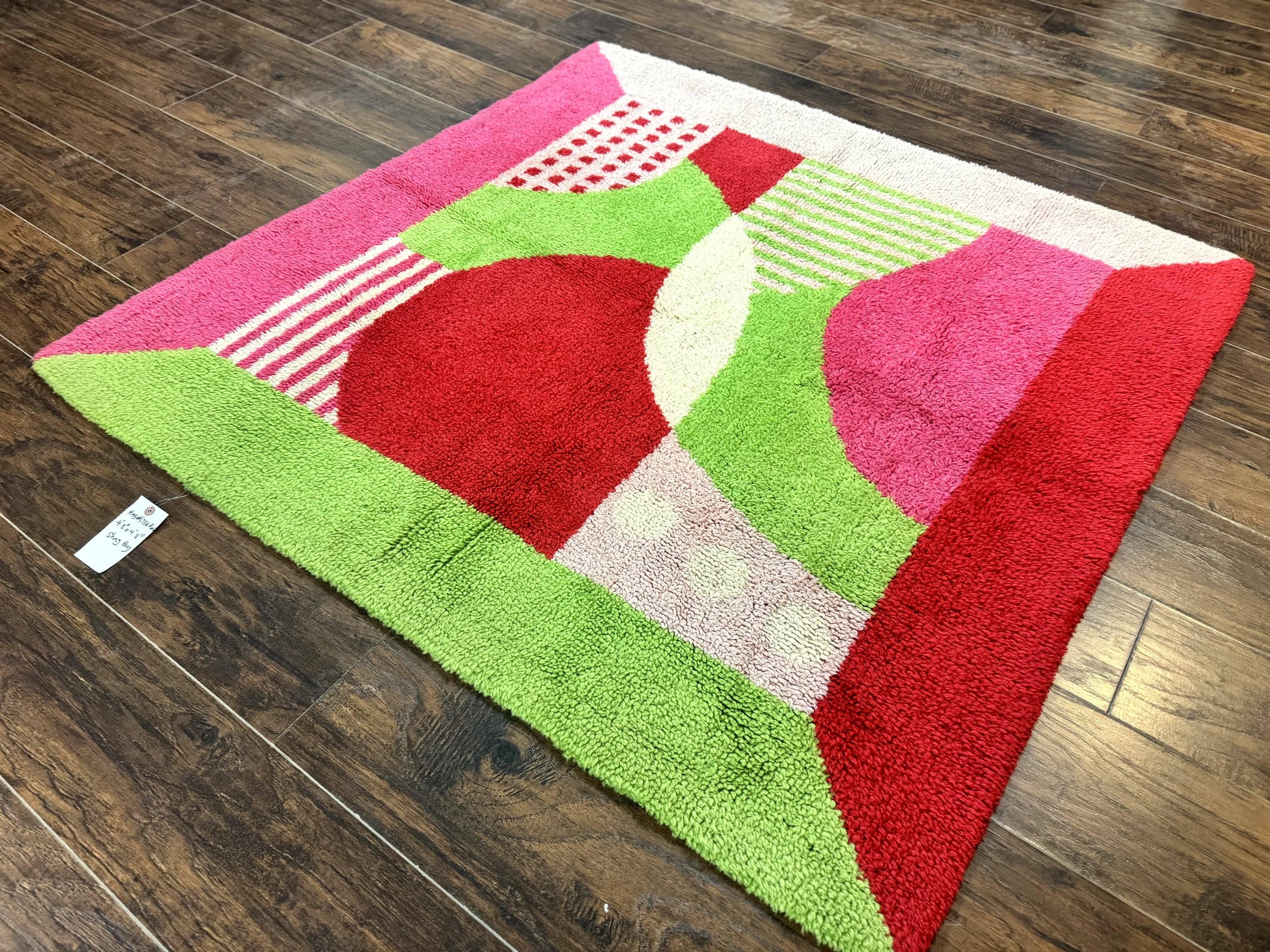 European Shag Rug 4.8 x 4.8, Modern Abstract Design, Green Pink Red, Square Shag Rug, Unique - Nuvé