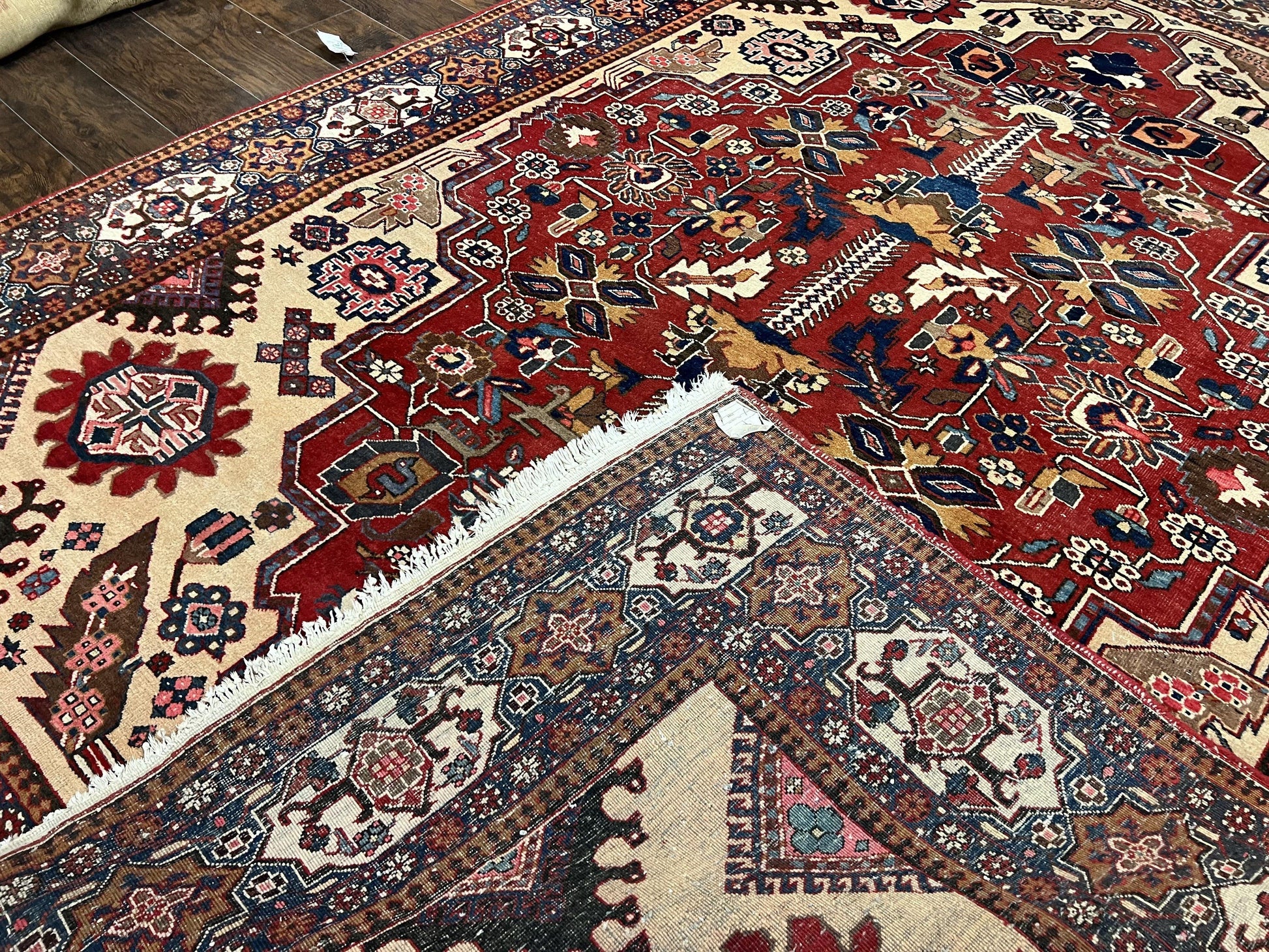 Antique Persian Heriz Rug 8x12 ft, Geometric Tribal Room Sized Carpet, Camel Hair Red Navy Blue, Wool Hand Knotted Medallion Oriental Carpet - Nuvé