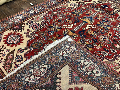 Antique Persian Heriz Rug 8x12 ft, Geometric Tribal Room Sized Carpet, Camel Hair Red Navy Blue, Wool Hand Knotted Medallion Oriental Carpet - Nuvé