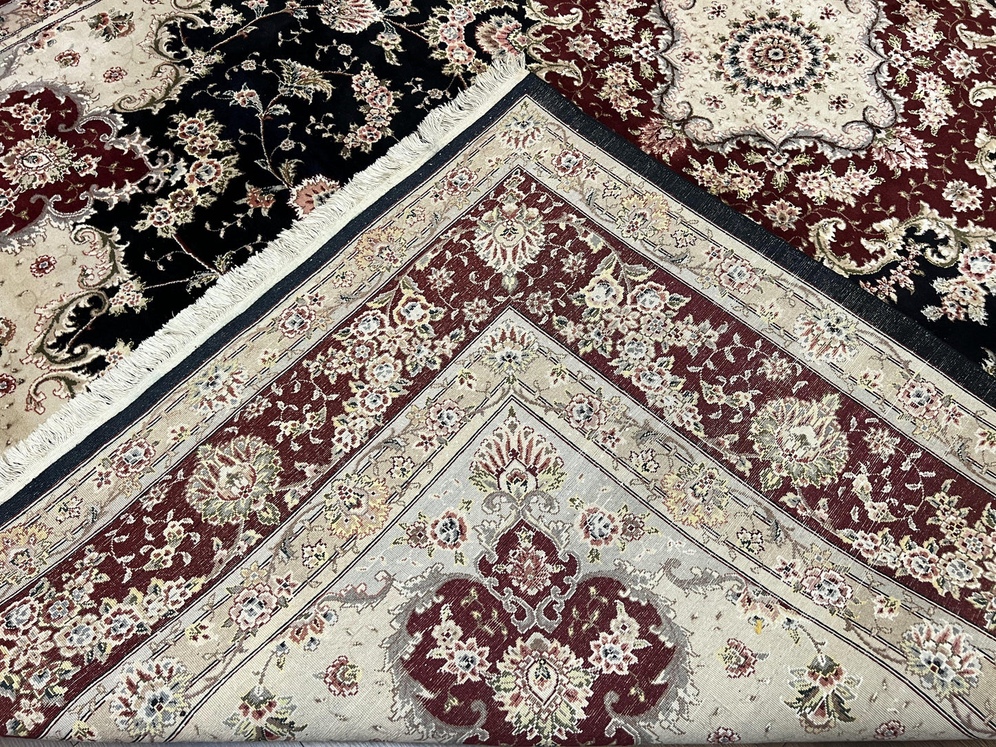 Pak Persian Rug 8.8 x 10.6, Floral Medallion, Wool and Silk Hand Knotted Fine Oriental Carpet, Elegant Rug, Black Gray Burgundy, Room Sized - Nuvé