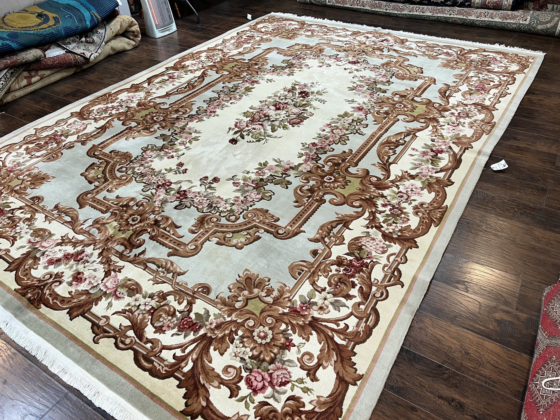Aubusson Rug 10x13, Cream and Light Mint Green Hand Knotted Handmade French Savonnerie European Carpet, Wool Pile, Large Room Sized Vintage - Nuvé