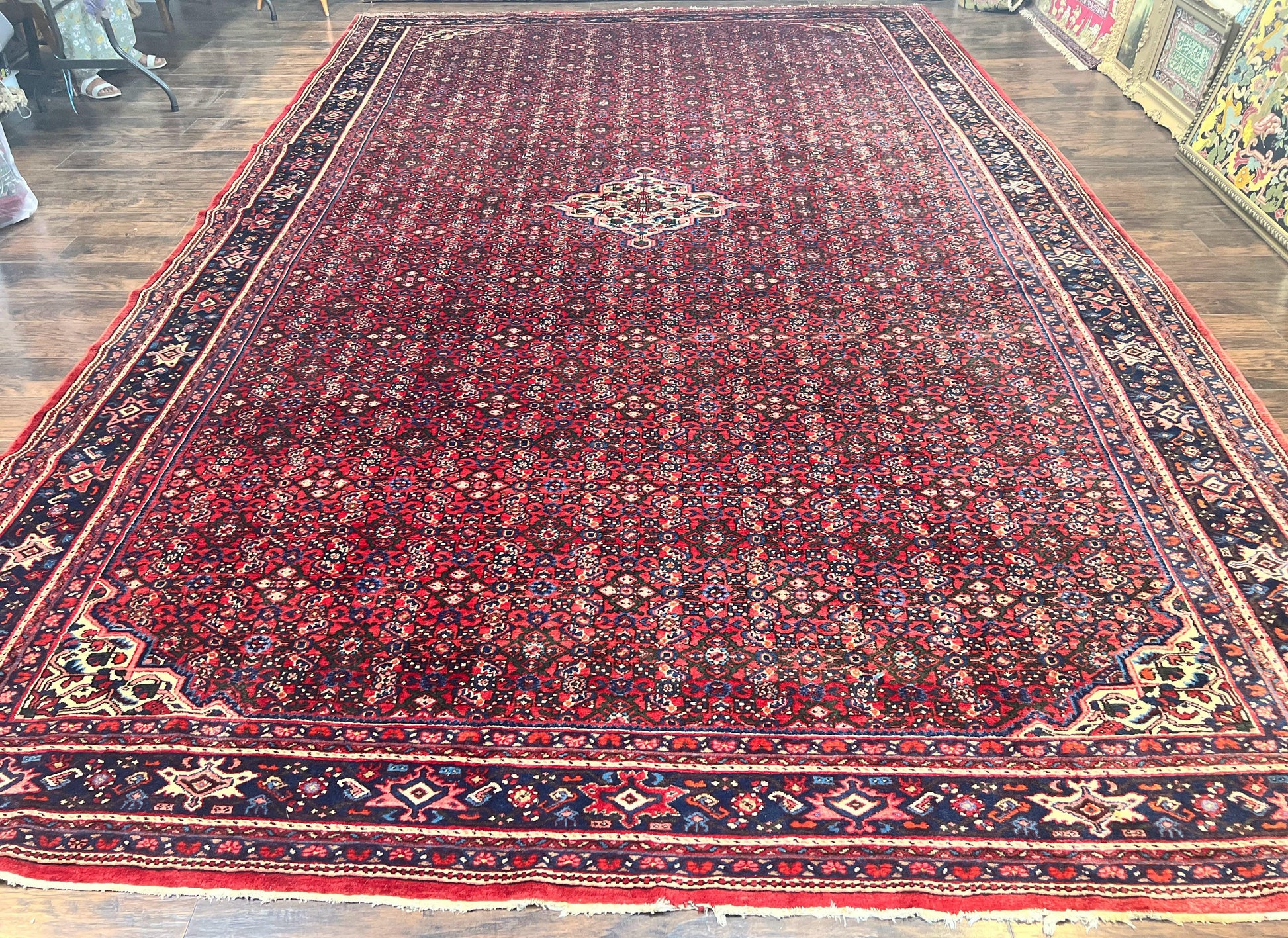 Large Persian Tribal Rug 11x17, Palace Sized Wool Handmade Vintage Carpet, Oversized Hand Knotted Rug, Red, Hamadan Dargazin Rug - Nuvé