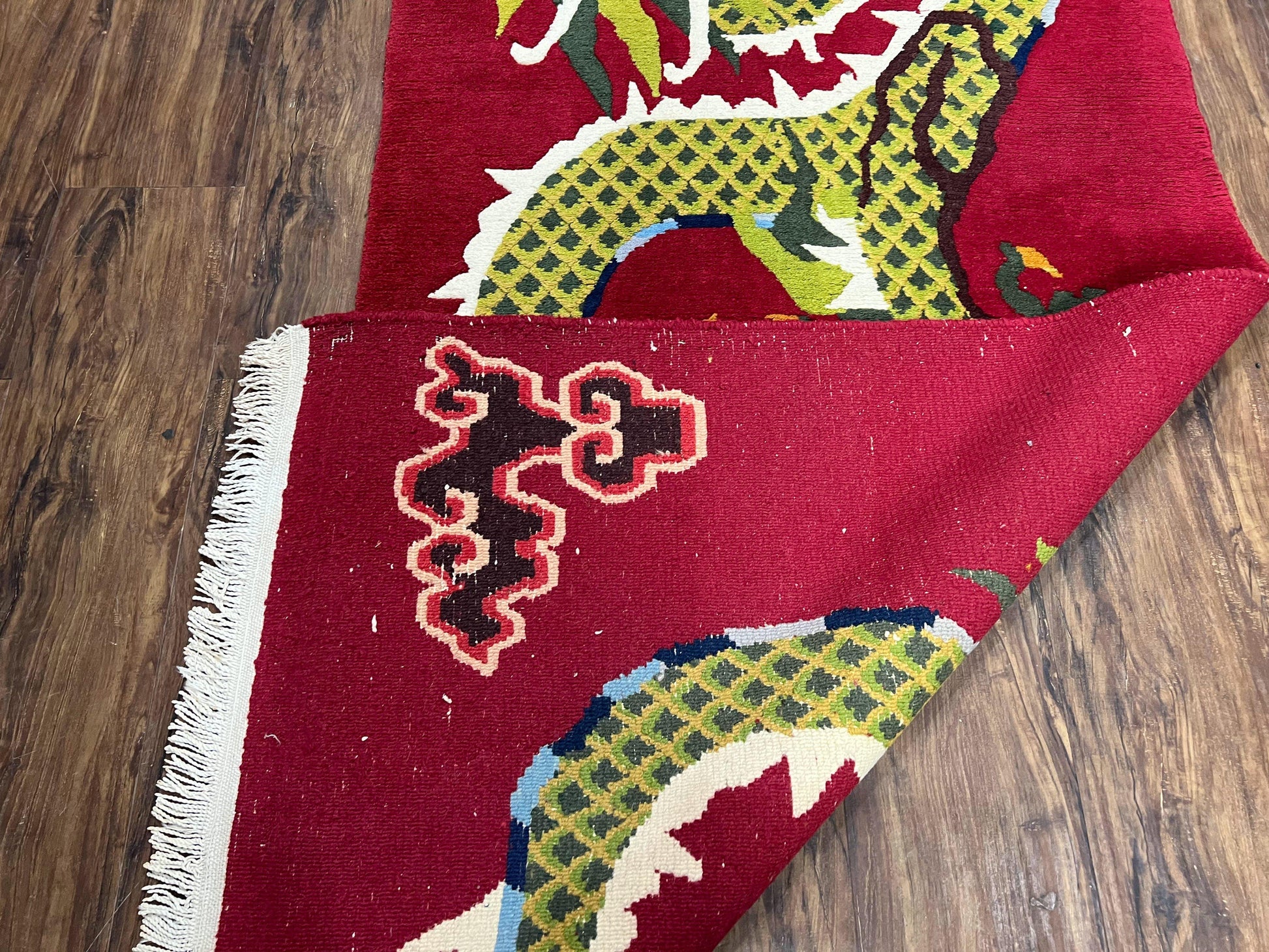Vintage Chinese Dragon Rug 3 x 6.8, Handmade Hand Knotted Red Chinese Carpet with Gold Dragon, Art Deco Peking Soft Chinese Rug Runner - Nuvé
